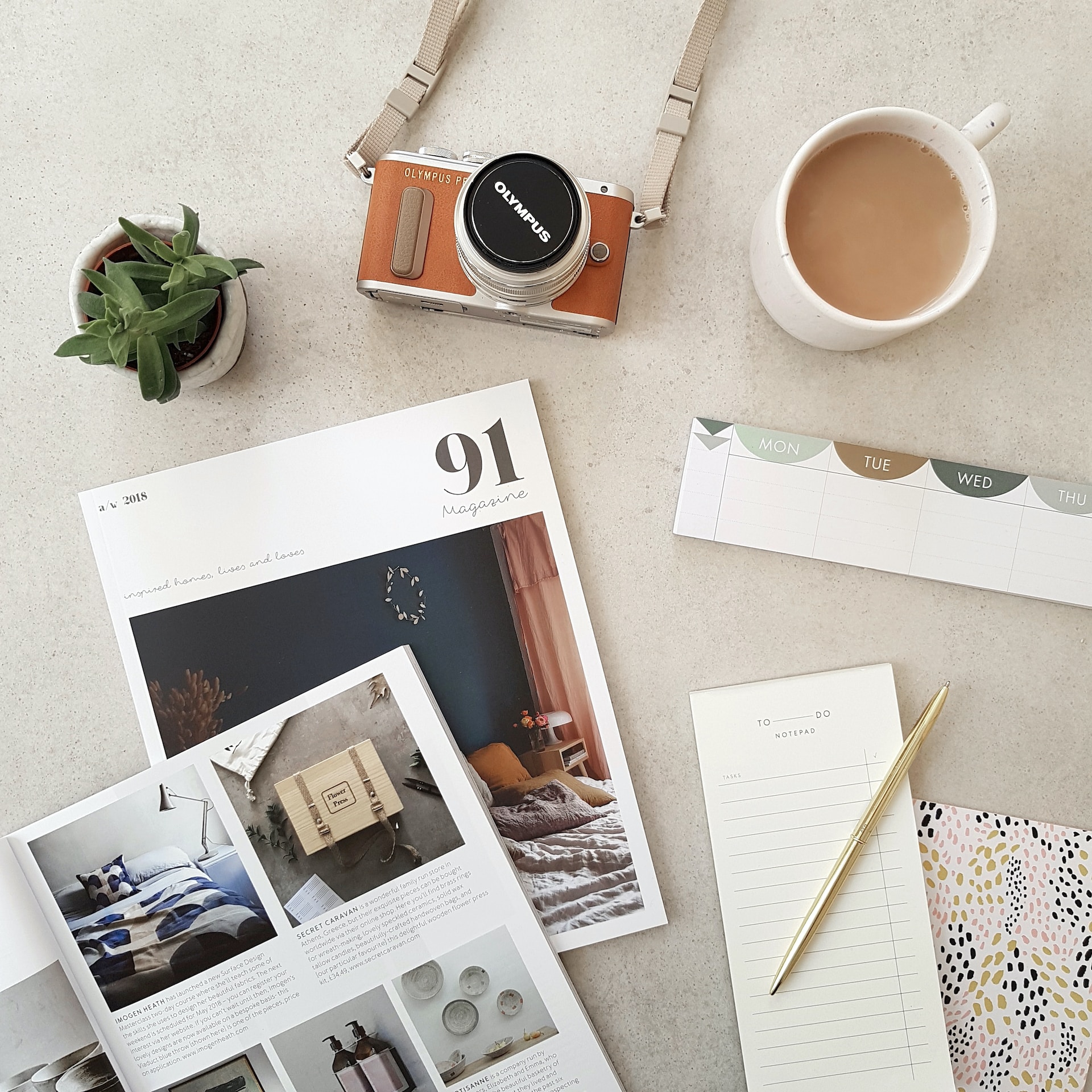 magazines, coffee cup, plant, camera, to do list on desk