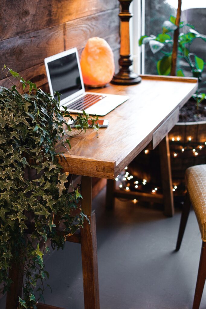 pretty desk with plant, salt rock, and computer, and iphone